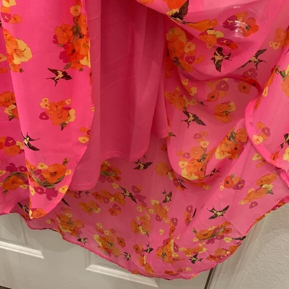 Free Bird Medium Pink Scoop Neck Spaghetti Straps Hi Lo Hem Birds Flowers Dress - Picture 5 of 8